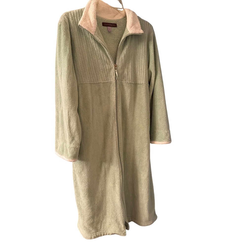 Stan Herman Robe Sage Green Fleece Full Zip Sherpa Collar Ribbed PM Lounger